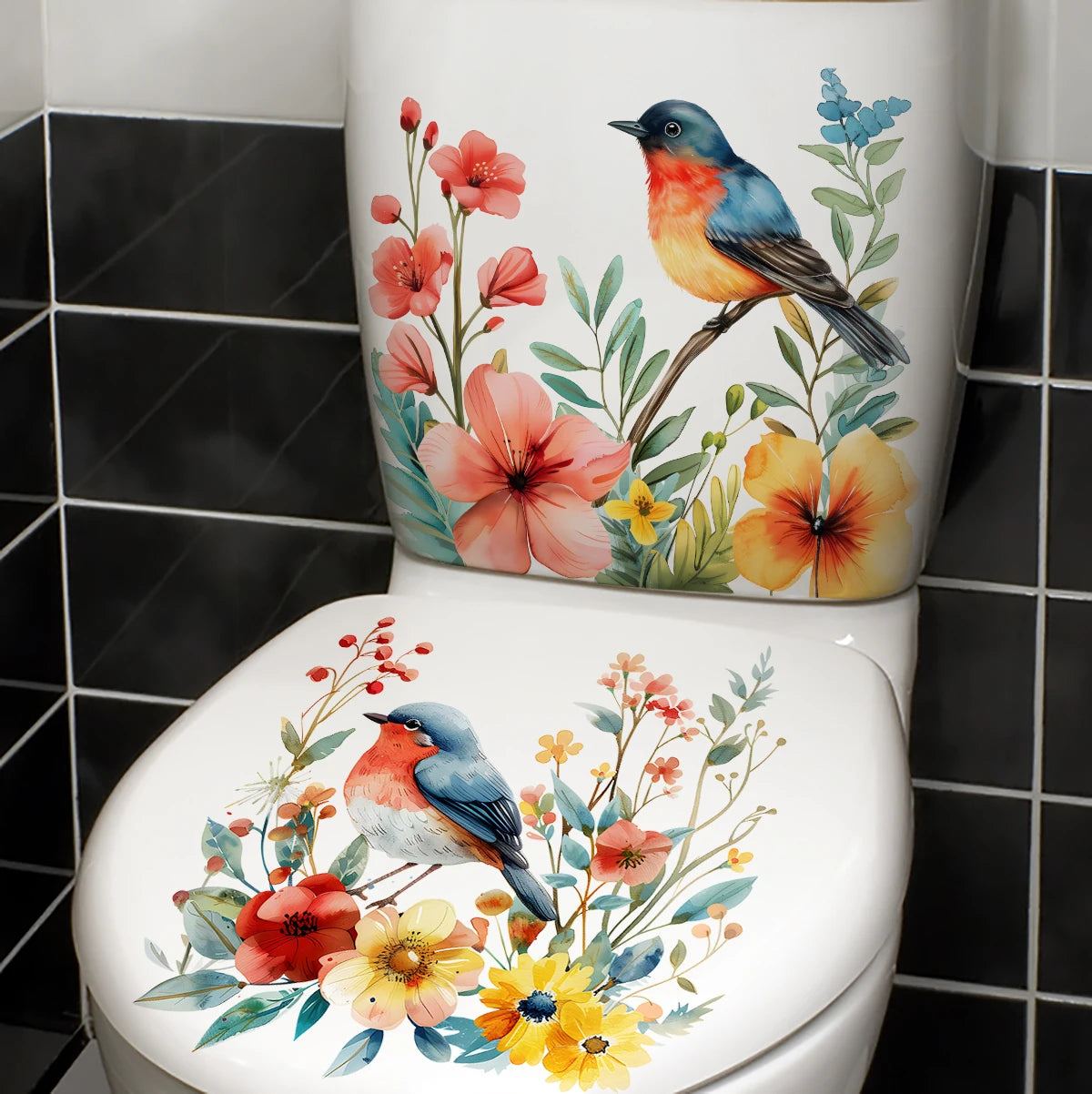 Autocollants Décoratifs Fleur & Oiseau pour Toilettes – Design Élégant.