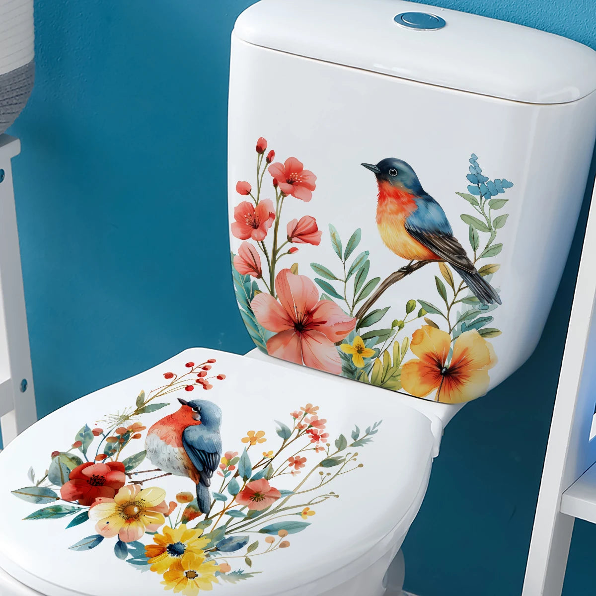 Autocollants Décoratifs Fleur & Oiseau pour Toilettes – Design Élégant.
