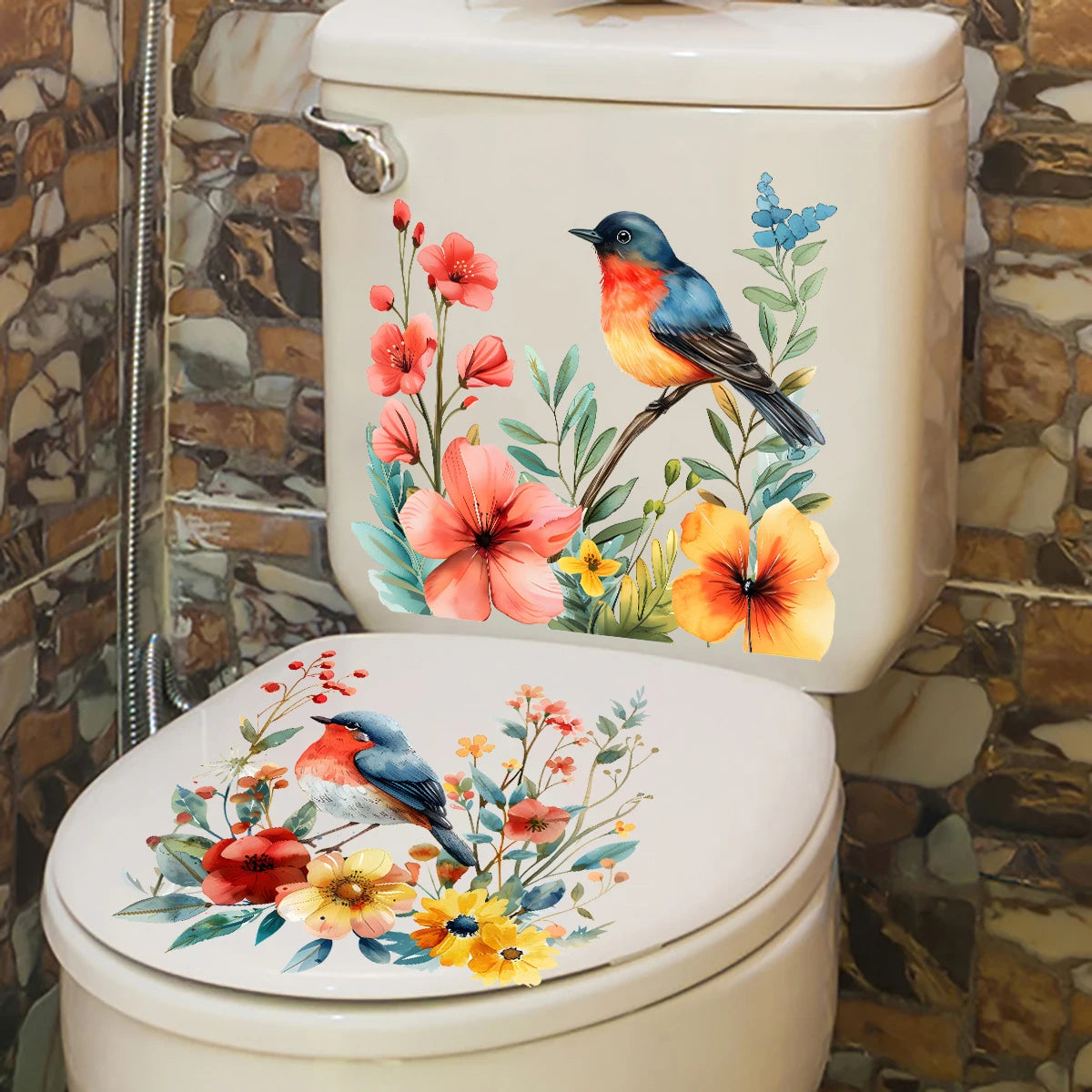 Autocollants Décoratifs Fleur & Oiseau pour Toilettes – Design Élégant.
