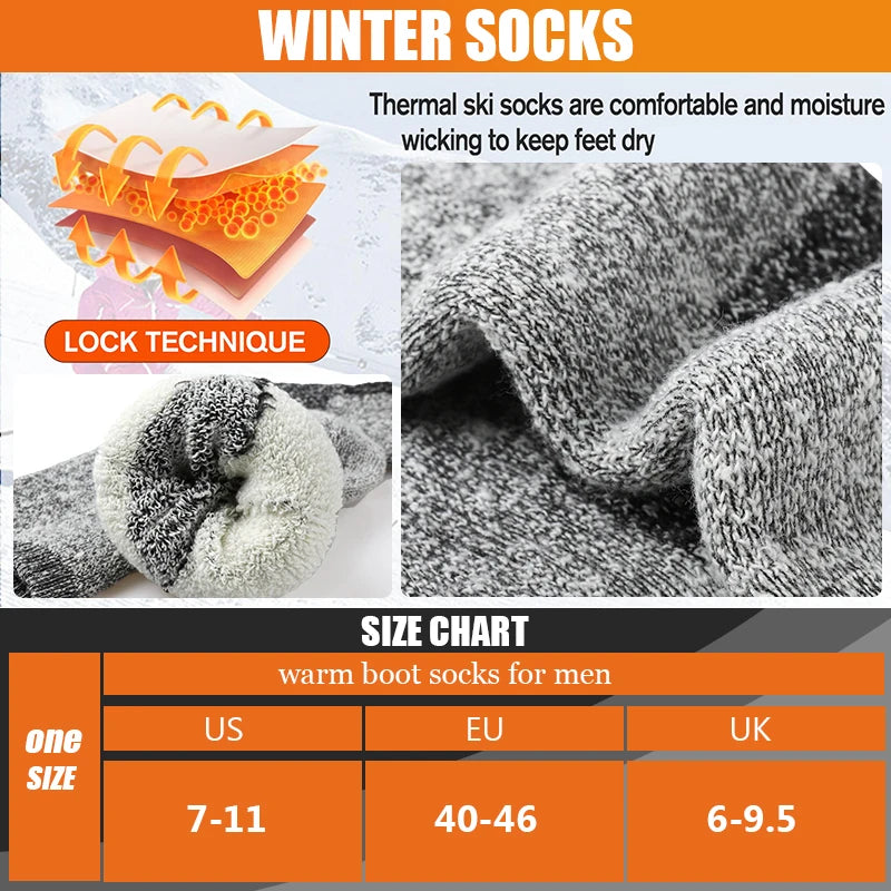 3Pairs Winter Men Socks Super Thick Thermal Mid Calf Socks Warm Wool Skiing Sports Socks