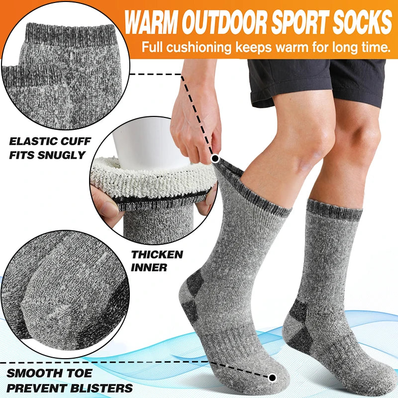 3Pairs Winter Men Socks Super Thick Thermal Mid Calf Socks Warm Wool Skiing Sports Socks