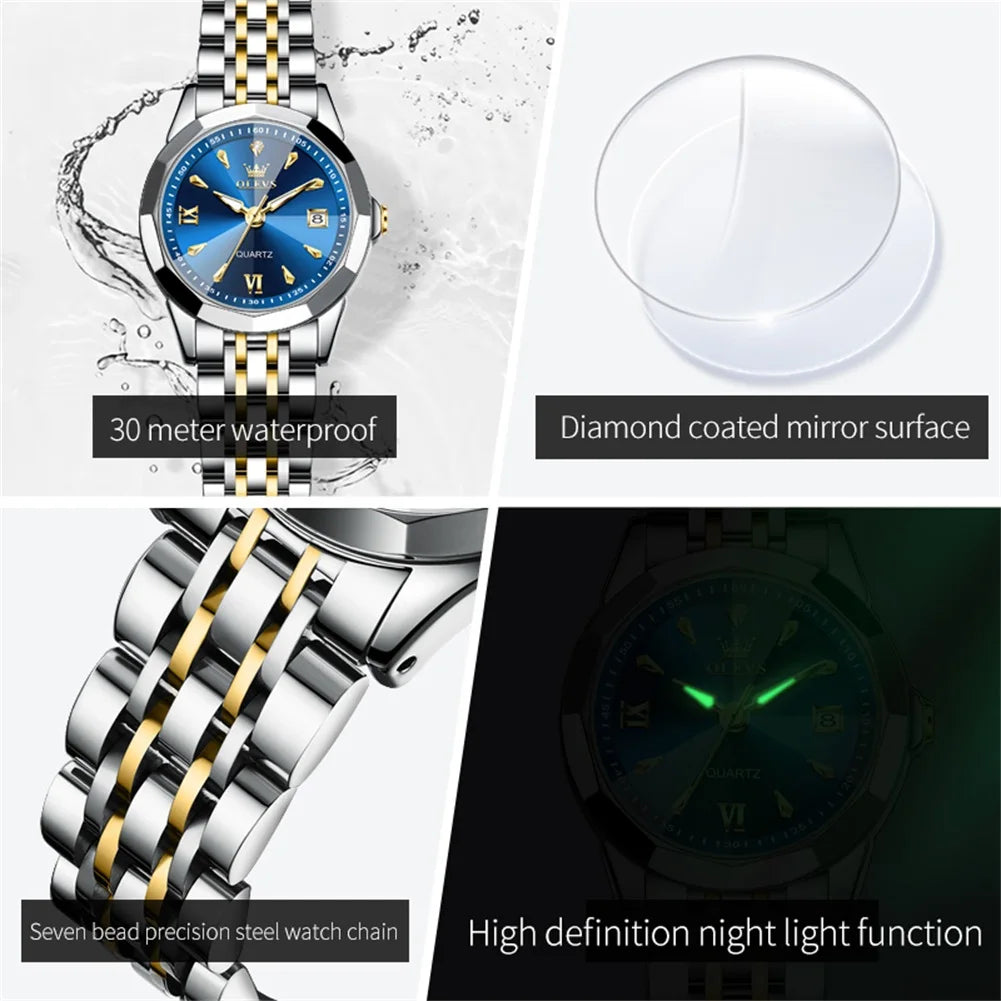 OLEVS 9998 Quartz Couple Watches Original Rhombus Mirror Waterproof Dress Wristwatch Luminous Date Fashion Watch For Men Women