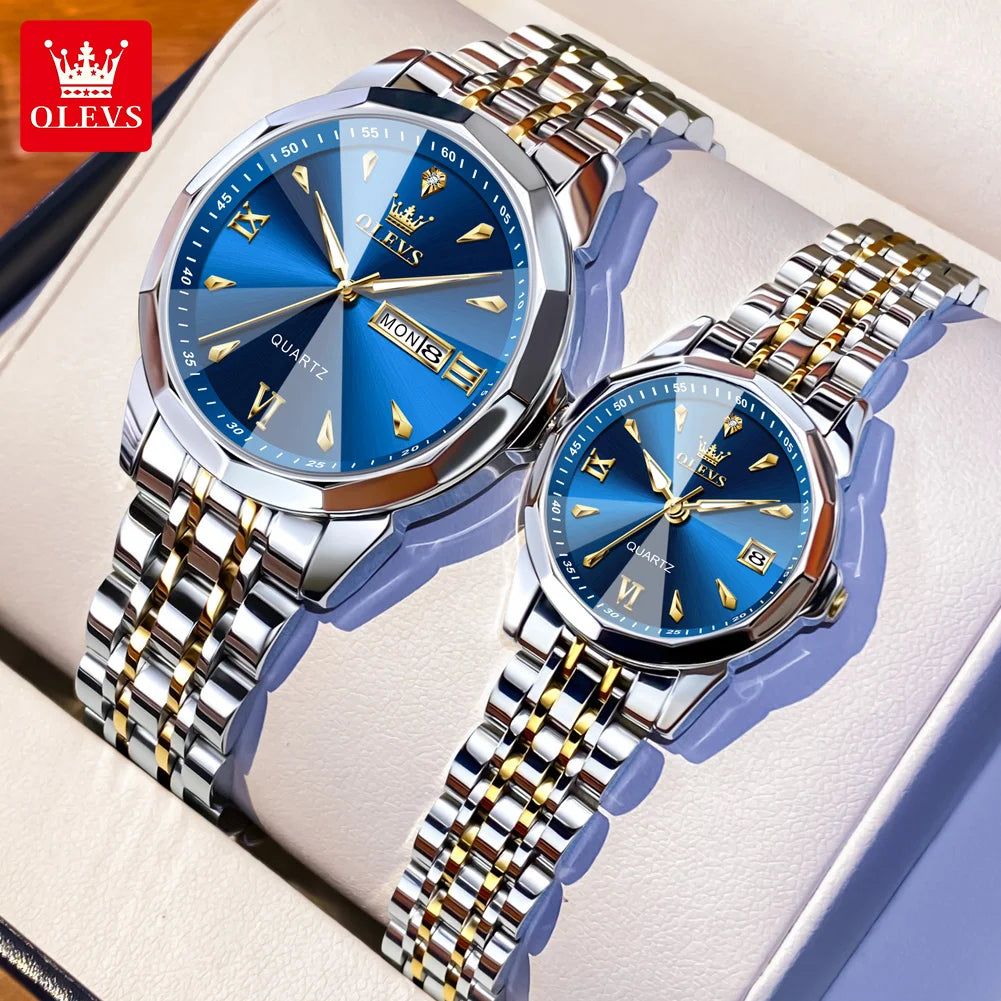 OLEVS 9998 Quartz Couple Watches Original Rhombus Mirror Waterproof Dress Wristwatch Luminous Date Fashion Watch For Men Women