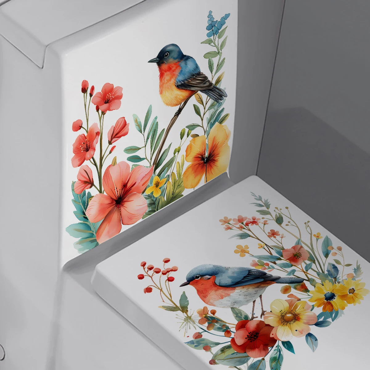 Autocollants Décoratifs Fleur & Oiseau pour Toilettes – Design Élégant.