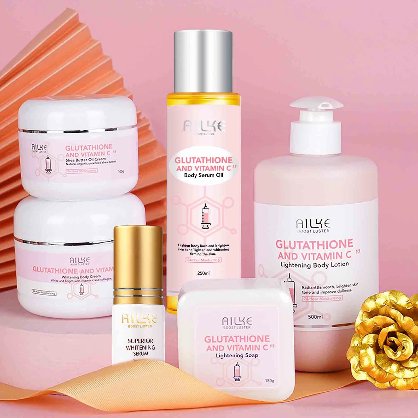 Coffret de Soins Éclaircissants AILKE, à la Vitamine C et au Glutathion – Réduit les taches, Hydrate, Adoucit et Sublime l'éclat de la peau.