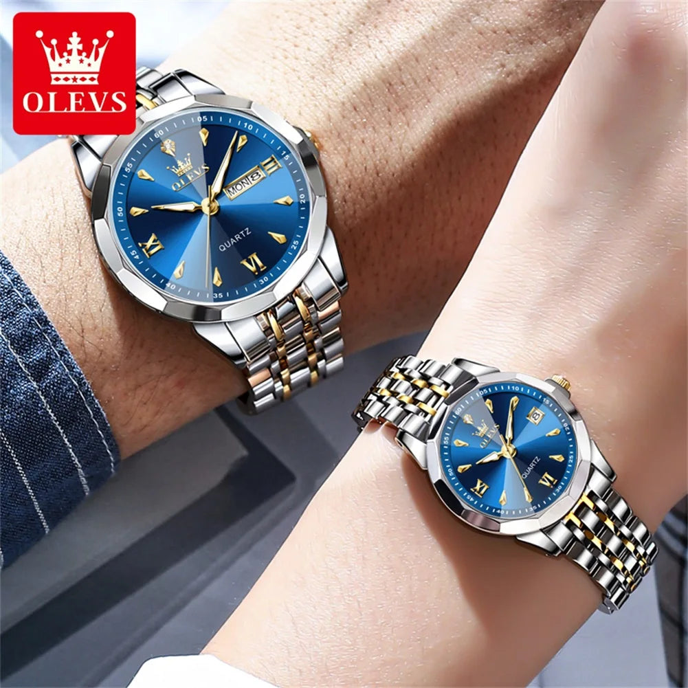 OLEVS 9998 Quartz Couple Watches Original Rhombus Mirror Waterproof Dress Wristwatch Luminous Date Fashion Watch For Men Women
