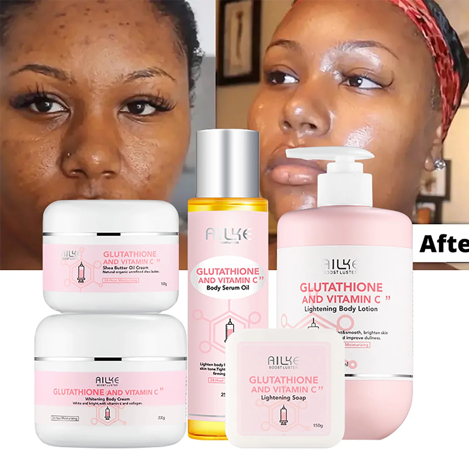 Coffret de Soins Éclaircissants AILKE, à la Vitamine C et au Glutathion – Réduit les taches, Hydrate, Adoucit et Sublime l'éclat de la peau.